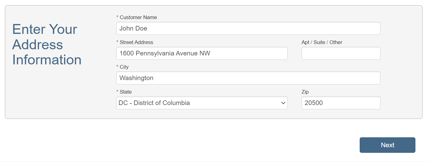 Example of entering customer details on USPS site