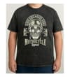 Thumbnail Model wearing washed black skull print T-shirt front view.