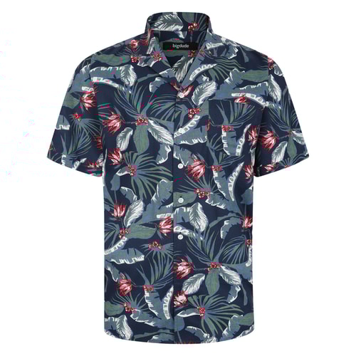 Bigdude Tropical Trees Viscose Relaxed Collar Shirt Blue