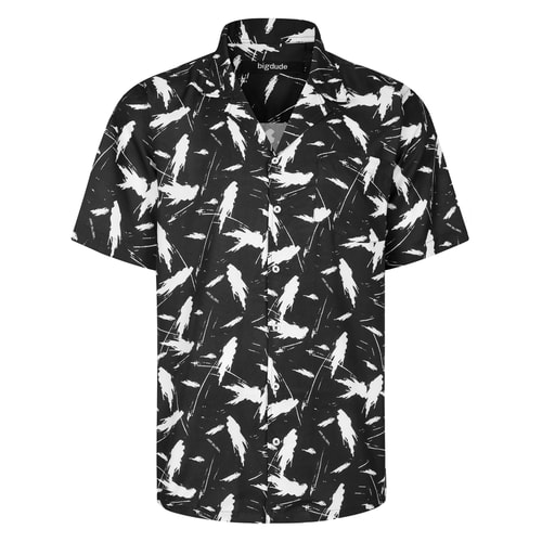 Black revere collar shirt with white brushstroke print, flat front view.