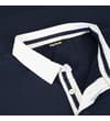 Thumbnail Close-up of the contrasting white collar and button placket on a navy long sleeve rugby shirt, featuring striped internal neck tape.