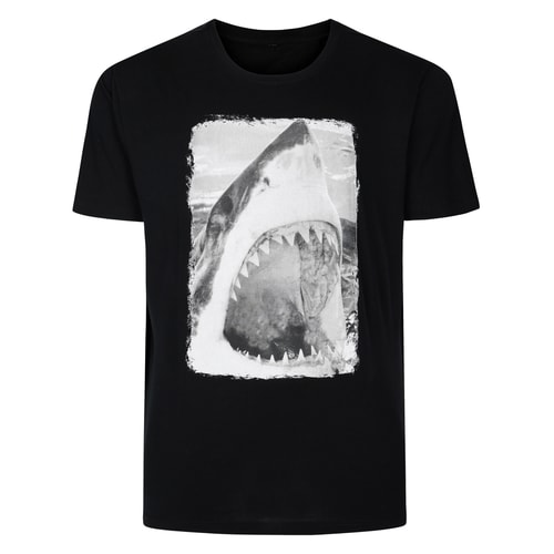 Black short sleeve T-shirt shown flat with shark graphic.