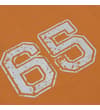 Thumbnail Close-up of white distressed 65 print on apricot polo.