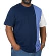 Thumbnail Model wearing navy and blue colour block T-shirt.