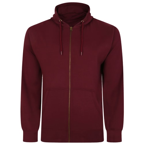 Burgundy tall full zip hoody, front view.