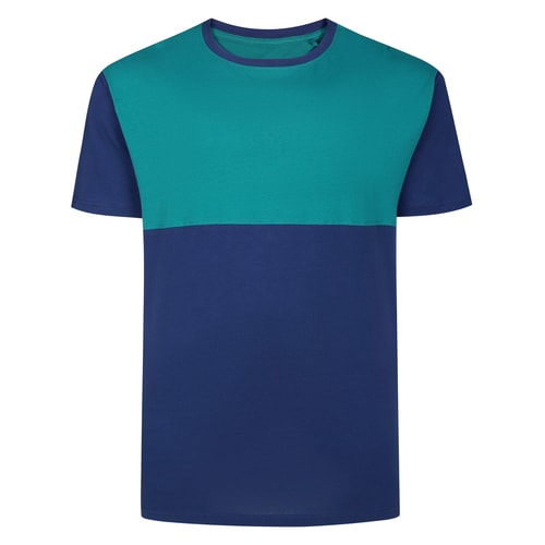 Front view of navy and teal two-tone crew neck T-shirt.