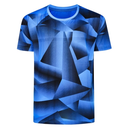 Blue geometric print active T-shirt, front view.