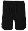 Front view of black cargo shorts with drawstring waist.