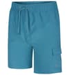 Petrol blue cargo swim shorts, angled front view.