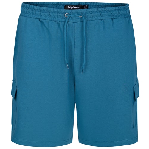 Petrol blue cargo shorts with drawstring waist, front view.