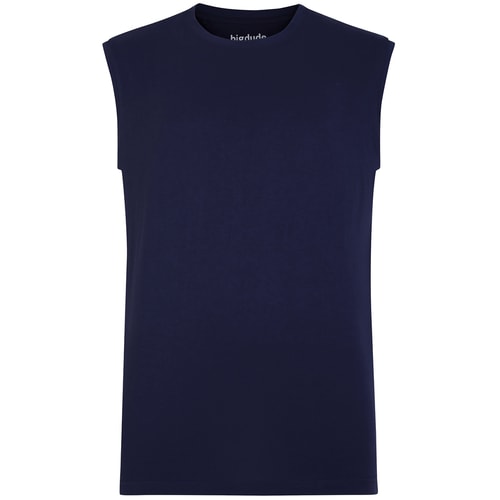 Front view of plain navy sleeveless crew neck T-shirt.