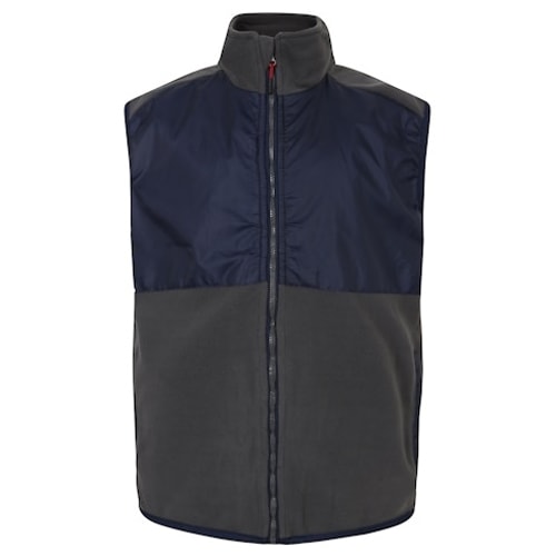 Navy and charcoal sleeveless fleece gilet, front view.