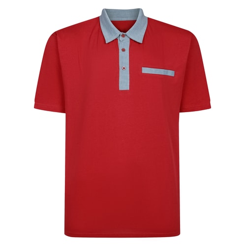 Crimson red polo shirt with chambray collar, front view.