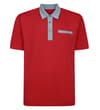 Thumbnail Crimson red polo shirt with chambray collar, front view.