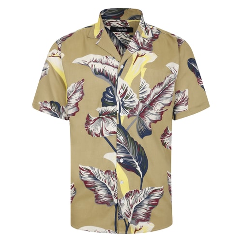 Alternate front view of sand leaf print short sleeve shirt.