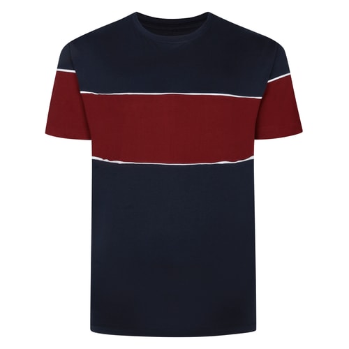 Flat front view of navy and burgundy crew neck T-shirt.