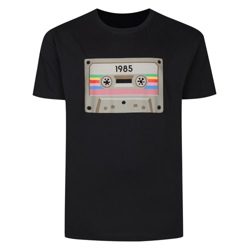 Black T-shirt with 1985 cassette graphic on front.