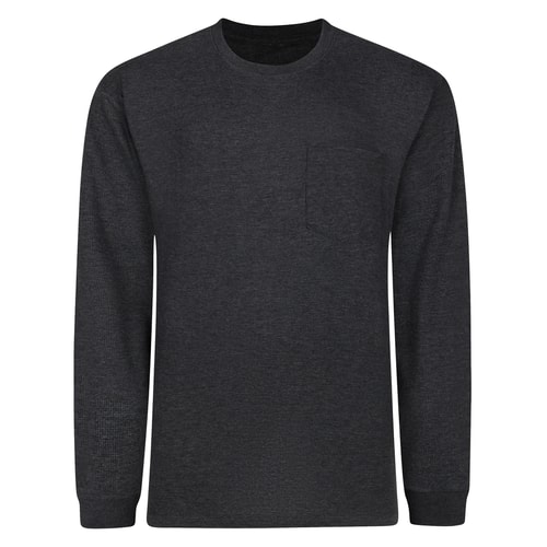 Charcoal long sleeve waffle T-shirt with chest pocket.
