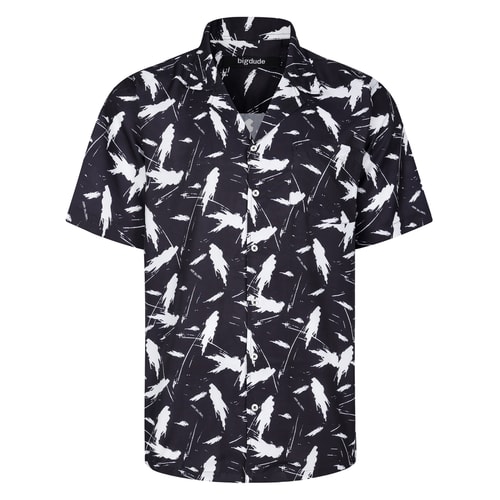 Front view of black short sleeve shirt with white brush print.