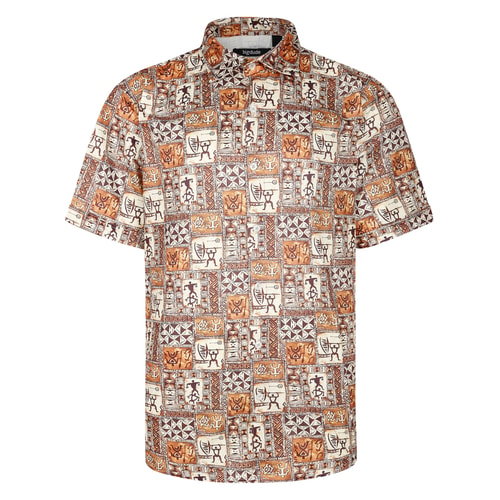 Front view of ecru short sleeve shirt with tiled print.