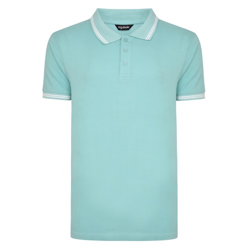 Light aqua polo shirt with white striped collar, front view.