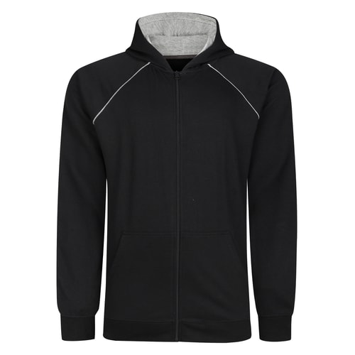 Black zip-up hoody with contrast raglan piping, front view.