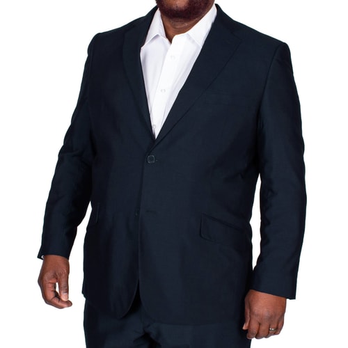Navy single-breasted jacket shown from the front on model.