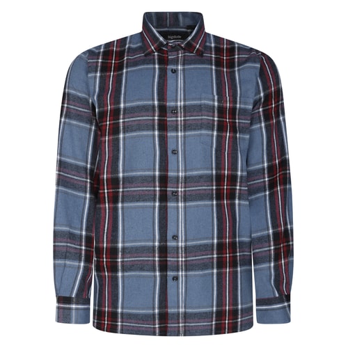 Front view of blue and black checked flannel shirt.