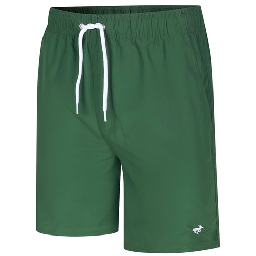 Dark green swim shorts front angled view with logo.