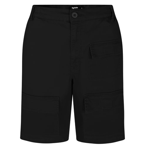Front view of black utility shorts with cargo pockets.