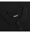 Thumbnail Black polo shirt collar and button placket close-up.