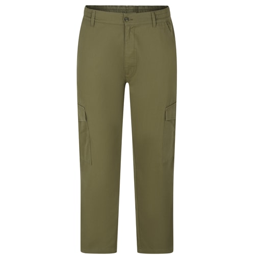 Dark khaki cargo pants front flat view.