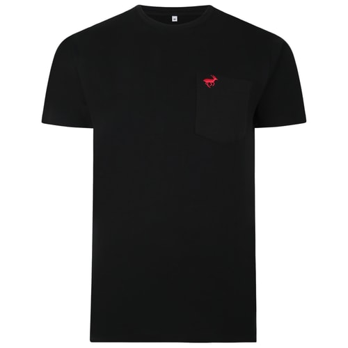 Black tall crew neck T-shirt front view with chest pocket.