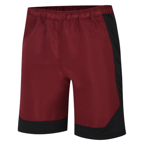 Burgundy gym shorts with black contrast panels, angled view.