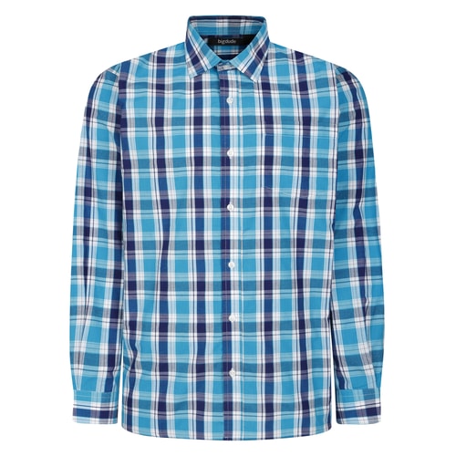 Blue checked long sleeve shirt, front flat view.