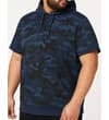 Thumbnail Model wearing navy camo short sleeve hoodie, angled view.