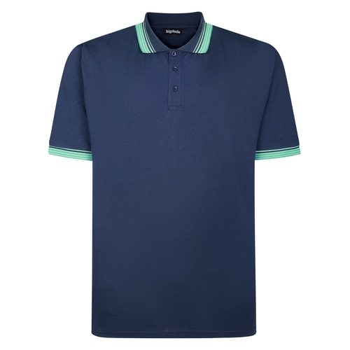 Front view of midnight blue polo with three-button placket.
