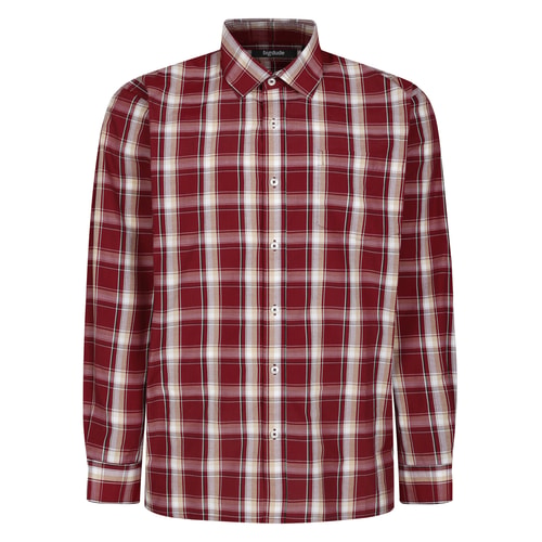 Burgundy checked long sleeve shirt, flat front view.