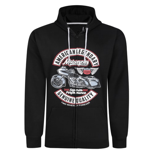 Black full zip hoodie with motorcycle graphic front.