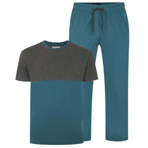 Two-piece petrol and charcoal pyjama set with top and trousers.