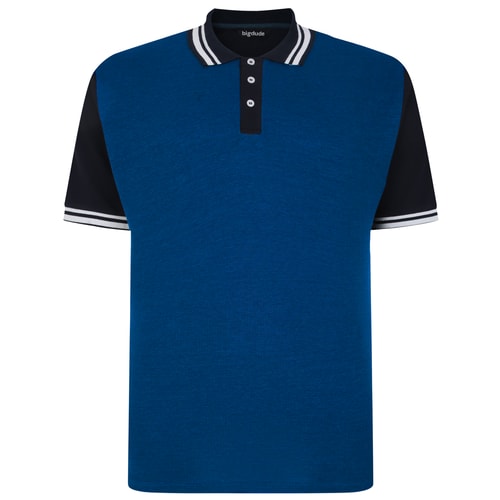 Flat lay front of royal blue polo with navy sleeves and collar.