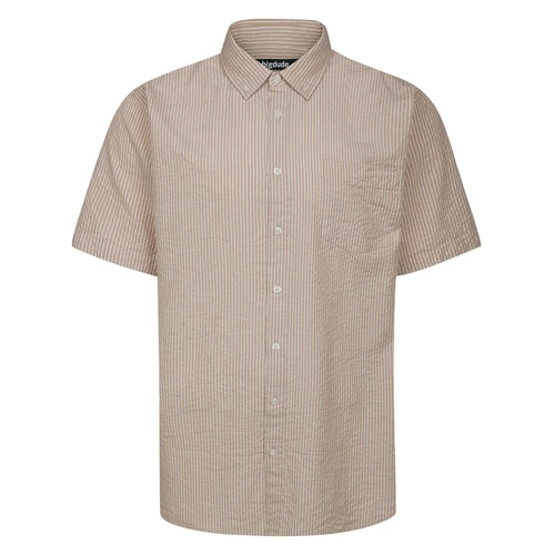 Front view of tan striped short sleeve shirt.
