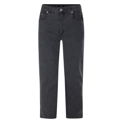 Grey wash straight leg jeans, full front view.