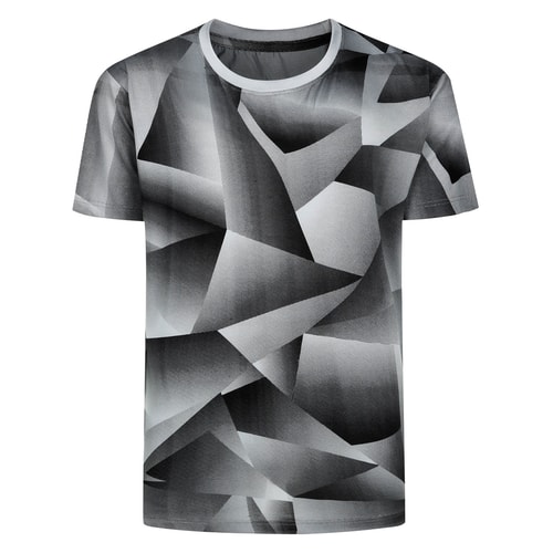 Front view of black geometric print short sleeve T-shirt.