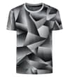 Front view of black geometric print short sleeve T-shirt.