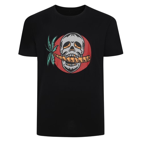 Black T-shirt with large skull and palm tree front print.