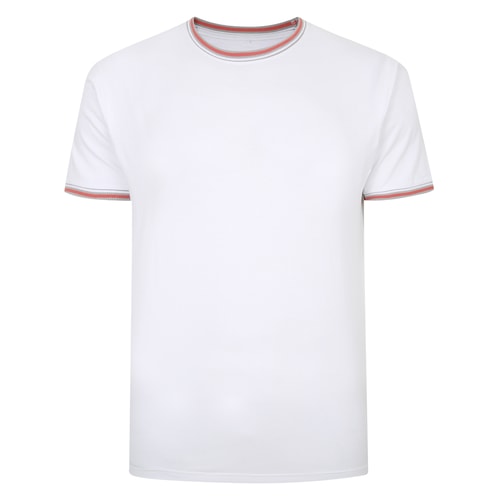 White crew neck T-shirt with grey and coral tipped trim.