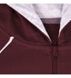 Thumbnail Close-up of grey-lined hood and front zip on burgundy hoody.