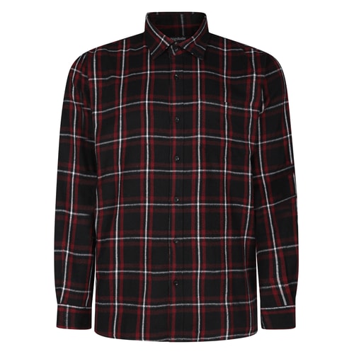 Front view of burgundy checked long sleeve shirt.
