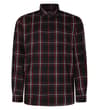 Front view of burgundy checked long sleeve shirt.